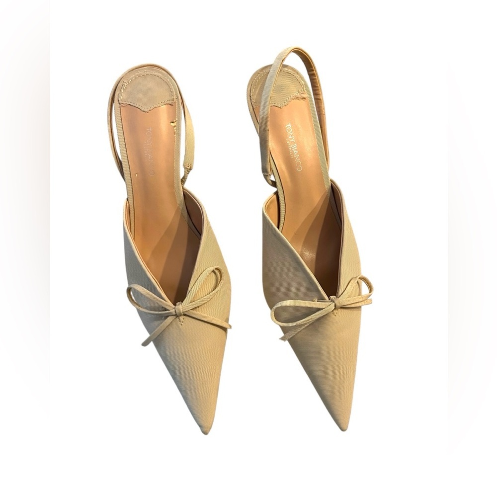 Tony Bianco Beige Pointed Toe Slingback Heels with Bow - Picture 2 of 11
